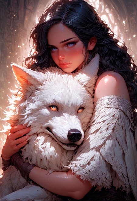 score_9, score_8_up, score_7_up,  1girl, yennefer of vengerberg, dark hair, shiny skin, eye contact, long hair, tilted angle, moody lighting, p3tl0v3, 1girl, hugging cute white wolf, dim lighting, medieval fantasy, perfect quality, high quality, photorealistic, sitting BREAK orange and blue hue, (abstract:0.2)  ,expressiveH