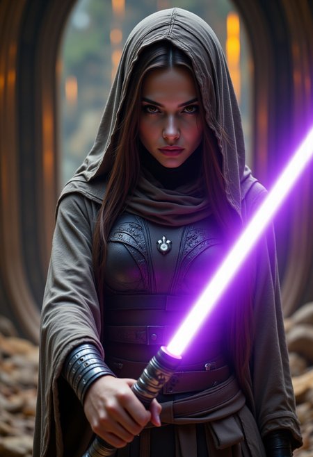 realistic, PHOTOREALISTIC, ((perfect anatomy)), (futuristic warrior wielding purple lightsaber:1.3), ((sexy dynamic pose:1.3)), 25 years old, perfect quality, high quality,(sci-fi, star wars, jedi knight), Jaina solo, big brown eyes, dark brown hair, long straight intricate hair, athletic female, ((fitness models, muscle detail, detailed muscle)), long athletic muscular legs, athletic round muscular butt, athletic hips, perfect breasts, perfect body, epic, long hair, intricate hairstyle, cute, cropped body, soft skin, soft skin, textured skin ,shining glossy skin, soft abs, athletic waist, (slender body), dynamic angle, dynamic, dynamic shot, sci-fi, futuristic, ((intricate transparent flowing sheer jedi robes showing sexy body underneath:1.2, armor parts on body:1.2, marble armor:1.2, greave, boots)), glowing runic tattoos on body:1.3, Expressiveh, (volumetric lighting:1.2), cinematic, cinematic lighting, reflections, ultra hd, visual effects, graphic effects, ambient occlusion, raytracing, soft lighting, realistic, blum effect, masterpiece, absolutely eye-catching, particles, glow, shining, intricate cinematic background, (beautiful cute face), (raining, relaxing, undressing by fire pit after battle,  close up, glad the viewer is safe, aidmaMJ6.1, aidmaimageupgrader, aidmaHyperrealism, aidmafluxpro1.1, Perfect hand, Detailed hand