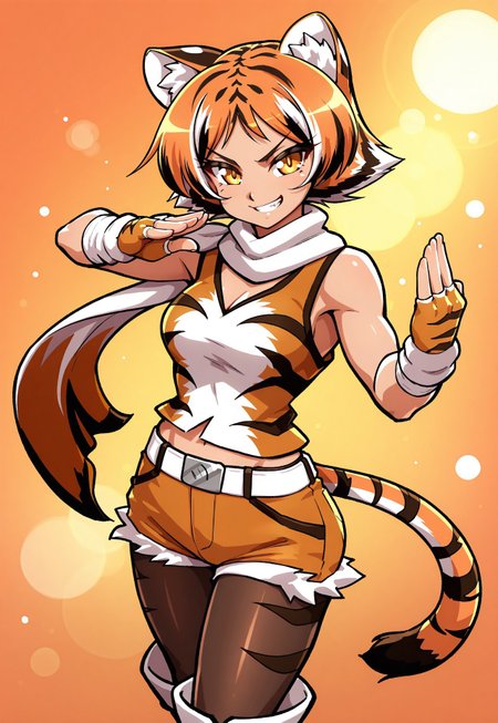 (masterpiece,best quality:1.3),maz_k0tora,tiger girl,orange short hair,orange eyes,striped hair,medium breasts,tiger ears,tiger tail,k0tora_outfit,scarf,orange tank top,orange shorts,tiger print,pantyhose,orange fingerless gloves,boots

fighting stance,smug,grin,proud,looking at viewer,cowboy shot,

orange background,gradient background, glowing particles,(soft lighting,soft shadows:1.2),(bokeh:1.1)