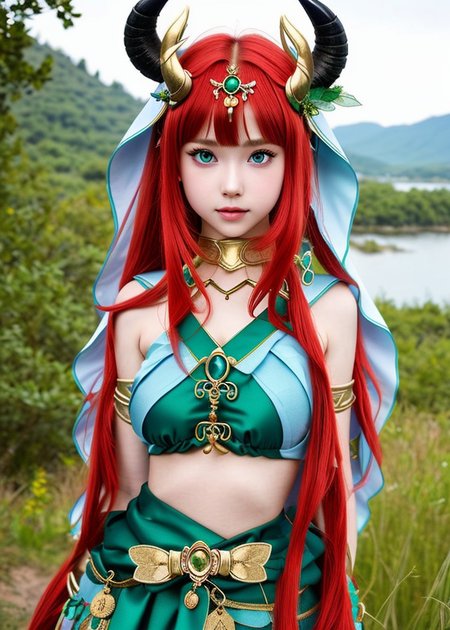 <lora:Nilou:0.8> , 1girl, solo, highly detailed background, (photo realistic:1.2), (detailed eyes, detailed hair, detailed face:1.2), green eyes,long red hair gathered in two ponytails, an ornate sea-green dress, gold accessories, a pair of horns, fairy forest background