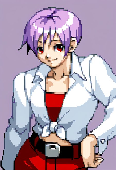 score_9, score_8_up, score_7_up, source_anime, BREAK, solo, 1girl, smile, looking at viewer, <lora:Ace-Attorney-Portraits-pdxl_Fp:1>, portrait, pixel art, simple background, upper body, <lora:Lilith-pdxl-V3_Fp:1>, lilithtie, red eyes, purple hair, short hair, tied shirt, red tube top, red shorts, long sleeves, belt, white shirt, hand on own hip, closed mouth,