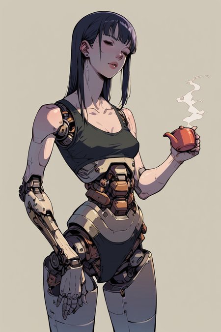 1girl, holding tea pot,  <lora:Sukabu-PonyXL-1024px-v2:0.35> android, mechanical arms, mechanical legs, robot joints, <lora:Sinozick_Style_XL_Pony:0.85> sinozick style, flat color, dark theme, score_9, score_8_up, score_7_up,