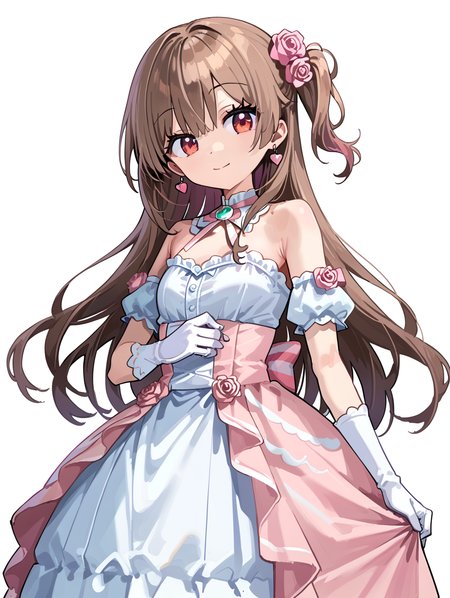 score_9, score_8_up, score_7_up,source_anime, <lora:style002:0.7>,
1girl, shimamura uzuki, solo, long hair, flower, dress, one side up, smile, gloves, hair flower, hair ornament, brown hair, looking at viewer, rose, white gloves, white background, simple background, bow, earrings, hair bow, bare shoulders, pink flower, jewelry, cowboy shot, ribbon, striped bow, closed mouth, red eyes, pink rose
