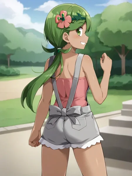 <lora:mallmaowtsukishiro:0.7>
1girl, solo, maollow, dark skin, green hair, low twintails, hair ornament, hair flower, green eyes, pink shirt, grey overalls, gray shorts, standing, from behind, looking at viewer, outdoors, smile