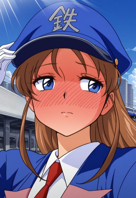 masterpiece, best quality, good quality, <lora:TetsuchanIL:1>, Tetsuchan, 1girl, brown hair, long hair, blue eyes, 
peaked cap, blue uniform, red necktie, white gloves,
looking away, half-closed eyes, suspicious, full-face blush, adjusting headwear, portrait, 
BREAK blue sky, light rays, train station, cityscape, outdoors, cloud,