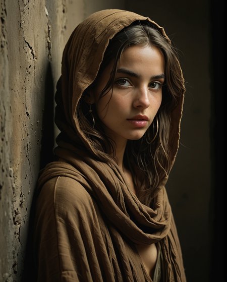 Full-length profile portrait of a girl with Arab features, with a wide, thin hood, loose hair, strands of hair covering the eyes and face, parted lips, full lips, perfect and hyper-detailed eyes, loose and messy brown hair, hood wide felt, scarf around the neck, earrings, leaning against a wall, black background (Steve McCurry and Annie Leibovitz style, Helmut Newton), earthy tones, sensuality, desire, side lighting, Rembrandt lighting, very high contrast, hard shadows, photo quality, 4K, blur