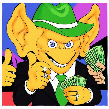 <lora:freddiefreaker:1> monster, yellow body,    <lora:gangstersb-guy-PONYv1:0.8> gangstersb, thumbs up, one eye closed, grin, smile, money, holding money, portrait, cropped torso, ring, formal, hat, green headwear, necktie, suit, striped, looking at viewer