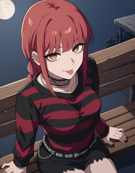 score_9, score_8_up, score_7_up, source_anime, <lora:chainsaw-man-makima-s1-ponyxl-lora-nochekaiser:1> makima, long hair, smile, bangs, yellow eyes, braid, red hair, braided ponytail, ringed eyes, medium breasts,, <lora:emo-fashion-ponyxl-lora-nochekaiser:1>, emo fashion, torn sweater, two-tone sweater, sweater under shirt, striped sweater, lace-trimmed choker, belt chain, red sweater, black sweater, goth fashion, street, night, moon, sitting, bench, from above, tongue out, cowboy shot, looking at viewer