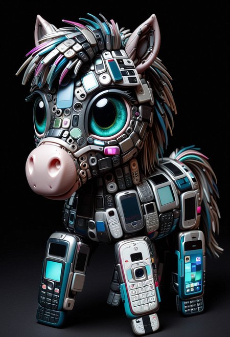 C3LLPH0N3S, a cute pony made of cell phones, detailed face, (big eyes:0.9), detailed eyes, ,Masterpiece,best quality, raw photo, realistic, very aesthetic