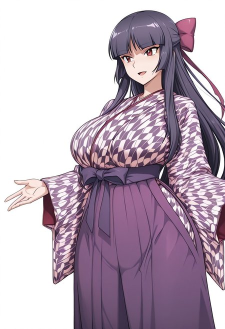 score_9,score_8_up,score_7_up,source_anime,5_figner,2d_animation,game cg,BREKE,1girl,solo,
zzSabrina, red eyes, long hair, blunt bangs, sabrina pokemon, purple hair, black hair, 
purple hakama,yagasuri,japanese clothes,kimono,long sleeves,hair ribbon,
smile,fullbody,openmouth,
huge breasts,thick hips,thick thighs,thick waist,disproportionate breasts,
curves,glamour,
simple background,white background,
masterpiece,best qualit,ultra-detailed,illustration,an extremely delicate and beautiful,beautiful detailed eyes,unity 8k wallpaper,high resolution,anime CG,official_art,Erotic_style, anime_coloring, anime_screencap,
