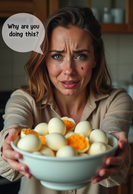 A woman being handed a large bowl of peeled boiled eggs, crying woman, visibly distressed, with ruined makeup and running mascara, looking at viewer, pleadingly, a speech bubble coming out of woman saying "Why are you doing this?!",
kitchen background!
masterpiece, realistic, highly detailed,