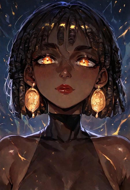 masterpiece, best quality, amazing quality, very aesthetic, absurdres, newest, 1girl, dreadlocks, solo, dark skin, dark-skinned female, short hair, bangs, earrings, jewelry, looking at viewer, very dark skin, bare shoulders, black hair, upper body, glowing, BREAK flowing shadows across the neon-lit fractals.,
The figureas red lips stand out vividly, She tilts her head slightly upward, her expression enigmatic, as the interplay of shadows and neon light creates a mesmerizing depth. <lora:ponyv4_noob1_2_adamW-000017:0.7000000000000001> <lora:748cmSDXL:0.7>