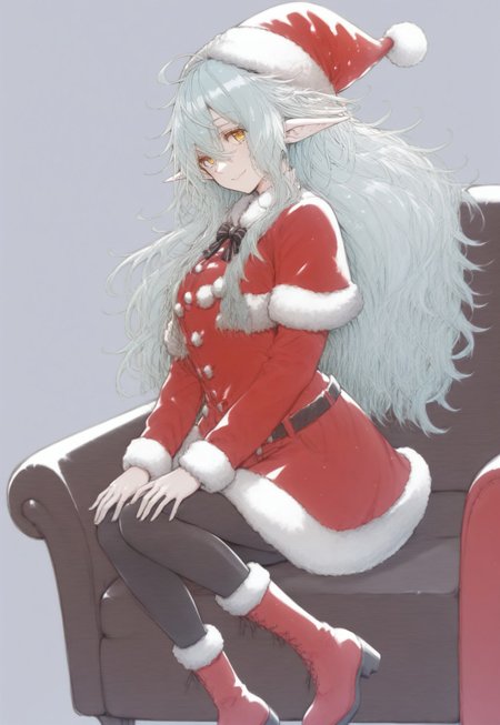 score_9, score_8_up, score_7_up, anime, absurdres, simple background, 

1girl, solo focus, looking at viewer, straight on angle, smile, 

lux(sao), white hair, long hair, hip-length hair, wavy hair, amber eyes, perfect eyes, elf ears, 

alo-outfit, christmas-outfit, santa hat, santa outfit, black tights, boots,

sofa, sitting on sofa, nothing in hands, both hands on legs, empty hands, closed hands,