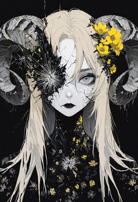 masterpiece, best quality, good quality, very awa, newest, highres, absurdres, solo, looking at viewer, simple background, blonde hair, 1girl, female focus, flower, curled horns, colored skin, black background, portrait, furry, yellow flower, straight-on, grey eyes, crack, black lips, cracked skin, breaking, limited palette,