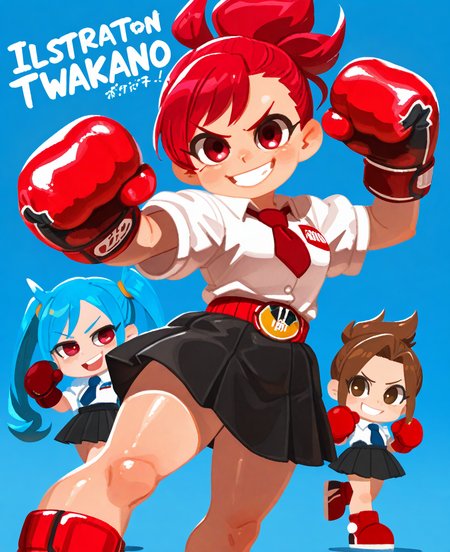 <lora:zettonamo888C:1> zettonamo888,
(masterpiece), (best quality), (ultra-detailed), amazing quality, very aesthetic, illustration, perfect composition, intricate details, absurdres, incredibly absurdres, shiny skin, realistic,
 zettonamo888, multiple girls, twintails, boxing gloves, brown hair, smile, 3girls, clenched hands, school uniform, red eyes, open mouth, red hair, skirt, shirt, blue hair, long hair, dress, red gloves, short sleeves, clenched hand, white shirt, grin, weapon, punching, looking at viewer, necktie, chibi, blue background, red footwear, pleated skirt, brown eyes, gloves, collared shirt, ponytail, black skirt, general