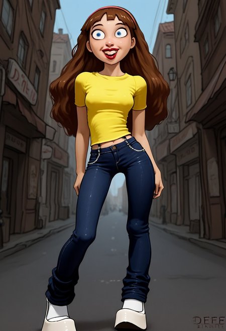 score_9, score_8_up, score_7_up, score_6_up,  (ultra HD quality details), low angle view, bielegraphics, 
solo, 1girl, morticiasmith, 
standing in street, 
brown hair, long hair, hairband,
blue eyes, white sclera,
white skin, pale skin, makeup, lipstick, red lips, 
super excited, open mouth, huge smile, 
garter belt, stockings, white platform pumps, yellow shirt, jeans,