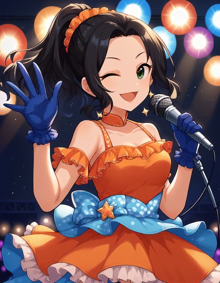 score_9,score_8_up,score_7_up,1girl,solo,cowboy shot,smile,wink,open mouth,looking at viewer,stage lights,waving,holding microphone,
<lora:soumanatsumi_ponyXLV6:0.8>,cgsnt,
black hair,ponytail,green eyes,
orange dress,frills,blue gloves