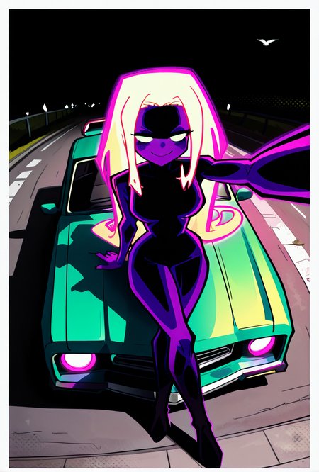 <lora:anodite-10:1> anodite, colored skin, no pupils, blank eyes, very long hair, breasts, glowing hair, forehead, purple body, black body, dynamic pose, , facing viewer, round head, smile, purple outline,  <lora:sakfsdajfkasd:1> alpharecdyt, leaning on green car, , sitting on car hood, mustang, car photo, bird eye view, from above, dutch angle, selfie arm,  crossed legs, giant car, crossed legged sit, legs, masterpiece, best quality, amazing quality, very aesthetic, absurdres, newest,, upper body, halftone effect, white borders, abstract background:1.2,