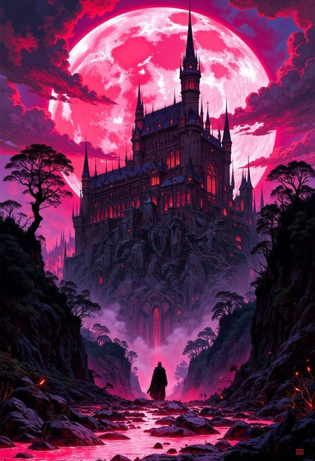 weibo, drawing, illustration retro 90's, Yoshitaka Amano, Ayami Kojima, chromatic aberration, detail, high contrast, cinematic view, volumetric lighting,perspective, gothic_castle, gothic_fantasy,pink_full_moon, towering_spires, gothic_architecture, eerie_gargoyles,misty_forest,twisted_trees, magenta_and_violet_sky, moonlit_reflection,ominous_atmosphere,dark_supernatural, gritty_texture, melancholic_mood, thick_linework, surreal,cinematic, intense_detail, photorealistic, (sharp focus:1.3). A dark, gothic fantasy castle inspired by Vampire Hunter D: Bloodlust, silhouetted against a massive, ominous pink and purple full moon. The castle features towering spires, twisted, ornate architecture, and heavy stone walls adorned with gothic carvings. The surrounding landscape is shrouded in mist, with dense, shadowy forests and twisted trees framing the scene, enhancing the foreboding atmosphere. The sky is a surreal blend of magenta, deep violet, and red hues, with clouds swirling around the bright moon, casting a haunting glow. In the foreground, a river with jagged rocks reflects the vibrant moonlight, adding an eerie pinkish-purple shimmer to the water. The entire scene captures the dark, mysterious beauty and melancholic tone characteristic of Vampire Hunter D: Bloodlust, evoking a sense of danger, loneliness, and the supernatural. The image is highly detailed, with a focus on the textures of his castle, the sharpness and the way his interacts with the.
DB4RZ, DB4RZ style painting