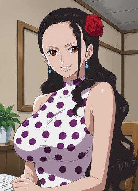 <lora:Viola-One_Piece:0.85>,viola,1girl,solo,black hair,brown eyes,long hair,earrings,hair ornament,flower,large breasts,dress,sleeveless,upper body, looking at viewer, smile,indoors
