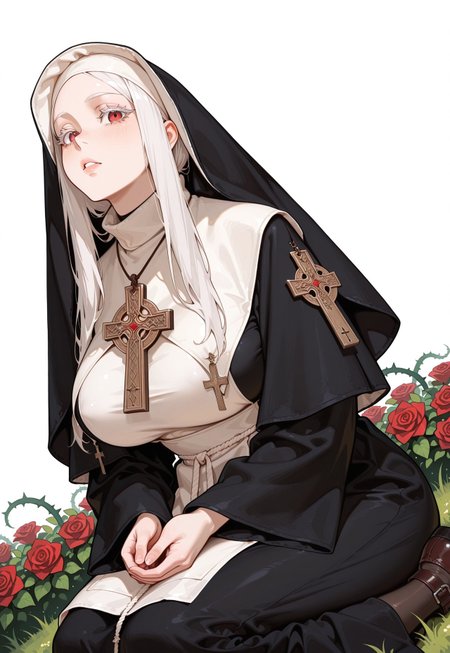 Green grass, late afternoon, bushes of rpses in background, thorny roses, thorns, solo,1girl, nun, habit, cross, albino, red eyes, white eyelashes, sitting, dutch angle, red thorny roses in hands, top view:0.5, white hair, big breasts,  artist:moriimee, lazypos