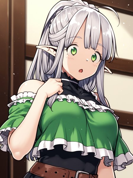 <lora:happy_tentacle-himono_elf-v0.1-000024:1>, ht_himono_elf, green eyes, silver hair, crop top, undershirt, frilled dress, off shoulder, short sleeves, hair over shoulder , 1girl, solo, upper body , , ( surprised :1.1), , , standing , , score_9, score_8_up, score_7_up, score_6_up, score_5_up, score_4_up