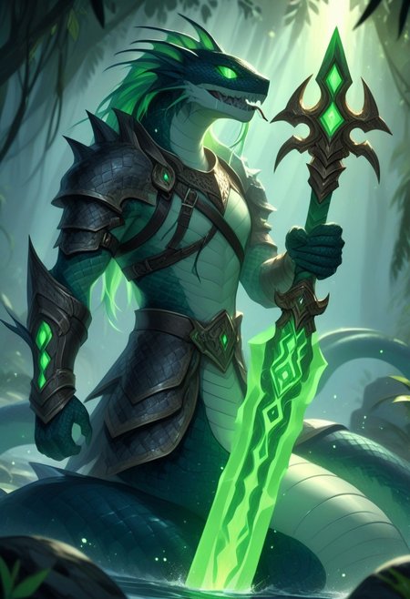 Naga,  holding a Glowing Rune Sword, glowing rune armor,