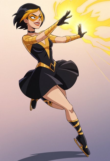 score_9, score_8_up, score_7_up, score_6_up BREAK, skating, dancing, ballet, g0g1-dh, smirk, 1girl, short hair, black hair, gold hair, multicolored hair, choker, domino mask, makeup, lipstick, gloves,black dress, boots, aura, glowing  <lora:Golden_Glider_Kite_Man_r1:0.7>