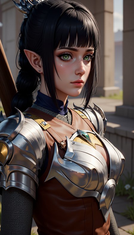 A female character, 1girl, solo, breasts, looking at viewer, bangs, black hair, hair ornament, jewelry, standing, day, sword, armor, green eyes, nose scar, bodysuit, makeup, scar, expressionless, blurry background,
