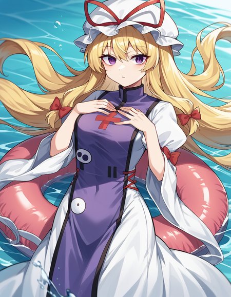 score_9, score_8_up, score_7_up, source_anime, <lora:yukari-yakumo-ponyxl-lora-nochekaiser:1>, yukari yakumo, purple eyes, blonde hair, sidelocks, long hair, hair bow, bangs, multiple hair bows,, dress, hat, hat ribbon, juliet sleeves, layered dress, long sleeves, mob cap, puffy sleeves, purple tabard, tabarad, white dress, white hat, wide sleeves, ying yang, yin yang print,, pool, water, lifeguard, swim lane, float, , hands on own chest,, looking at viewer, solo,, dutch angle, cowboy shot