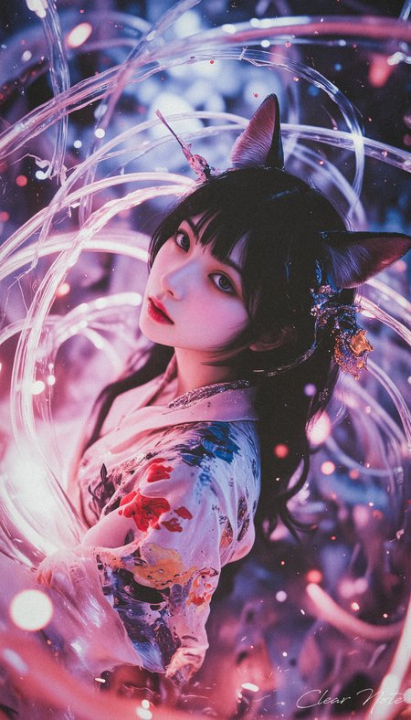 Neo Photorealistic Art Style, A surreal Japanese girl with long fox ears, flowing black hair, in a floral white kimono, standing in a futuristic Neo-Japan with warped space and a timeless aura.