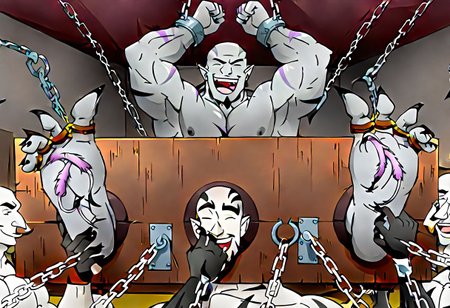 Handsome , tall, muscular, shirtless bald Goliath, with gray skin  laughing with his hands above head tied to the ceiling with chains and his feet in metal stocks, feet tickled by handsome muscular tiefling males, armpit tickling by hands, hellish background