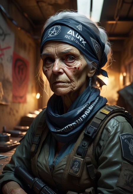 Old woman underground resistance leader in a dystopian city, determined expression, bandana, dressed in patched tactical gear, hiding in a dimly lit safehouse with flickering lights, maps and weapons scattered on the table, walls covered in graffiti and resistance slogans, air filled with the scent of sweat and metal, distant sounds of patrolling drones and propaganda broadcasts, use of 'photorealistic', '8k', 'hyper-detailed', 'dystopian', 'dramatic lighting' for an intense atmosphere, 'depth of field' for immersive effect, 'HDR' for high dynamic range