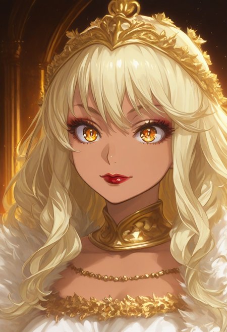 score_9, score_8_up, score_7_up, source_anime, anime screencap, Solo, anime, darkness, (Background: palace, empire, gilded, ornate), shadow, Fantasy, solo, 1girl, HD, Perfect-Details, perfect face, perfect body, official art, perfect lighting, epic lighting, dramatic lighting, cheerful, energetic, cute, pretty, happy, embellished-ornate clothing, dramatic, epic, perfect eyes, detailed iris, HD pupils, golden pupils, golden eyes, tan skin, gyaru, empress, delinquent, regal, ancient Greek, professional, imperial, lipstick, Circlet, crown