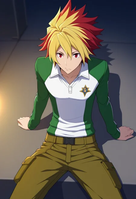 masterpiece, best quality, , (3d:0.4),, 1boy, solo, male focus, <lora:takuto_tsunashi_ilxl:0.94>, takuto_tsunashi, red hair, red eyes, spiked hair, bangs, multicolored hair, two-tone hair, dyed bangs, blonde hair, , Cargo jogger pants, Performance polo, , ,