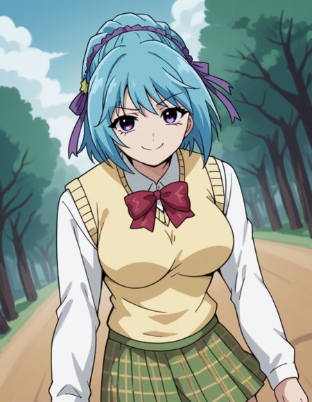 score_9, score_8_up, score_7_up, source_anime, <lora:kurumu-kurono-s2-ponyxl-lora-nochekaiser:1>, kurumu kurono, short hair, blue hair, purple eyes, ponytail, ribbon, hair ribbon, hair ornament, large breasts,, shirt, white shirt, long sleeves, bow, red bow, sweater vest, yellow sweater vest, skirt, plaid skirt, green skirt, socks,, bike ride, countryside, dirt road, trees, afternoon sun, peaceful, alone, smile, v, v over mouth, smug,, looking at viewer, solo,, dutch angle, cowboy shot
