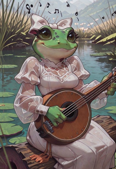 masterpiece, best quality, absurdres, highres, high quality, highly detailed,
1girl, solo, grungrace, anthro frog, spots, green skin, no humans, smile, white hair bow,
breasts,
white dress, fringe trim, puffy sleeves, see-through sleeves,
upper body, face focus, portrait,
banjo, playing instrument, musical note,
outdoors, depth of field, cinematic, sitting on log, lily pad, wetland,
no lineart, pixelsketcher,