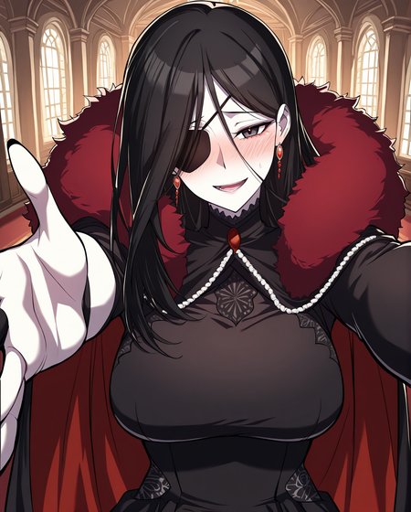<lora:Hailey_Orga:1>
1 girl, solo, red eyes, black hair, long hair, hair between eyes, pale skin, large breasts
black dress, bridal gauntlets, cape, earrings, eyepatch, fur trim, black nails, black fingerless gloves, high heels, pantyhose, single glove
score_9, score_8_up, score_7_up, score_6_up, source_anime, rating_explicit, 1girl, solo, smile, embarrassed, alcalose eyes, open mouth, mansion, indoors, looking at viewer, outstretched arms, pov, close-up, (head tilt:1.2)