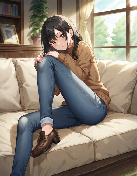score_9, score_8_up, score_7_up, BREAK
((masterpiece)), ((best quality)), (anime screencap:1.5), 1girl, black hair, lying on a couch on her back with one leg bent, wearing a tight-fitting brown sweater and jeans, revealing her body shape, alluring and peaceful expression, detailed background with soft shadows and warm lighting, cozy indoor setting, sunlight streaming through a window creating soft highlights, 2d anime style, intricate details in the clothing and room, tranquil and serene atmosphere, warm and inviting color tones, depth of field, volumetric lighting, high dynamic range, realistic textures, sense of rest and allure