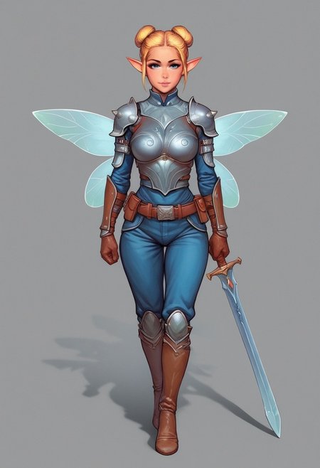 comic style, looking at viewer, highly detailed, source_comic_illustration, from front, 1girl TInkerbell, illustration, comic style, looking at viewer, highly detailed, source_comic_illustrationskinny, looking at viewer, 1girl Tinkerball, masterpiece, best quality, cowboy shot, girl, realistic drawing, anime, by Sam Yang, sharp highly detailed 2d illustration, comic art, (hyperrealism, soft light, sharp), (anime:0.5), full clothed
BREAK
1girl, solo, full body image of ((((tinkerbell)))), fairy wings, fairy, hair bun, blonde hair, single hair bun, pointy ears, long hair, blue eyes  <lora:Mandalorian Armour PONY:1> , armor, shoulder armor, full armor,  gloves, belt, boots, ready to fight
((full-clothed)), ((long big sword in hands, big berserk sword in hands)), ((dynamic pose))
BREAK 
(fairy wood background:1.1) score_9, score_8_up, score_7_up, score_6_up, source_cartoon, rating_explicit, Expressiveh, (((((full body))))), dynamic pose