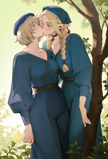 masterpiece, best quality, amazing quality, very aesthetic, absurdres, newest, volumetric lighting, female, female focus, simple background, green background, gradient background, lesbian,full body,2 girls, duo,yuri,couple,usnr, sparkles, plants, tree, tree branch in the foreground, sunlight, kiss,
BREAK 
falin, yellow eyes,blue headwear, big chest, curvy, short hair,chin length hair
BREAK
marcille donato, long hair, blonde hair, green eyes, braid, pointy ears, twin braids, elf, bright pupils, parted bangs,thin,