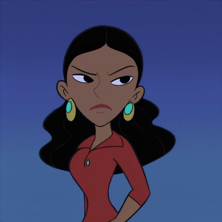 <lora:Kim_Possible_Style_6c_Illustrious_aon:1> kmstyle, masterpiece, best quality, outdoors, night, dark, looking at viewer, closed mouth, 1girl, solo, moniiqkue, black eyes, black hair, dark-skinned female, dark skin, red shirt, earrings