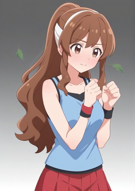 1girl, leaf (pokemon), ^_^, alternate hairstyle, bare shoulders, black shirt, blue shirt, brown hair, clenched hands, closed mouth, collarbone, cowboy shot, gradient background, hair up, hands up, headband, high ponytail, long hair, miniskirt, more deban, pleated skirt, red skirt, shaded face, shirt, sidelocks, skirt, solo, standing, tank top, undershirt, white headband, wristband, zPDXL3   <lora:Huet:1>