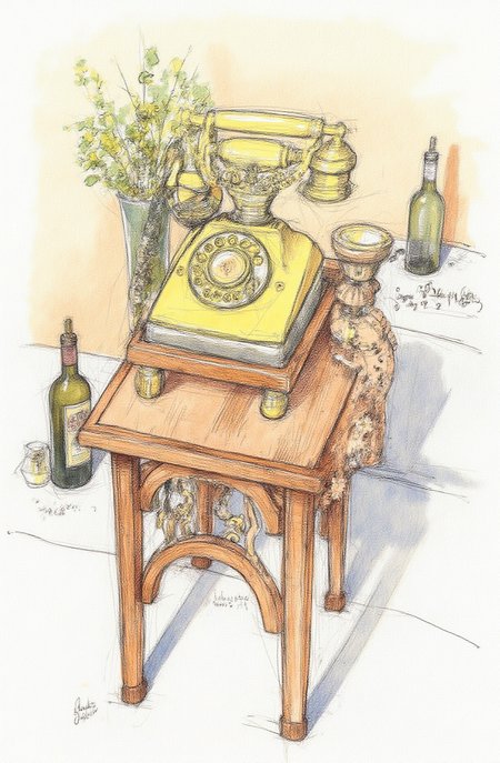 Sharp image of a rough sketch, rendered in vibrant multi colour ballpoint pen, capturing the adorable features of an old-fashioned telephone on a wooden stand. The telephone is made of brass and has a round dial with a circular medallion in the center. The dial is surrounded by a decorative border with a floral design. The stand is also made of wood and is placed on a white tablecloth with a vase of flowers in the background. On the left side of the stand, there is a bottle of wine. The overall style of the telephone is vintage and ornate.  p3nsk, <lora:p3nsk:1>