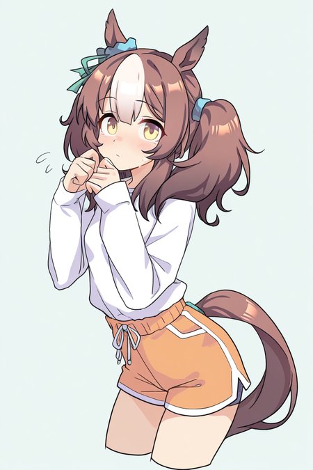 masterpiece, best quality, amazing quality,
 <lora:Lango_IL:1> lango, 1girl, solo, animal ears, horse ears, horse girl, brown hair, long hair, horse tail, tail, multicolored hair, looking at viewer, shorts, long sleeves, simple background, twintails, cropped legs, shirt
