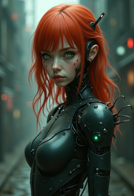 In the ethereal glow of dusk, amidst a harsh desert landscape, stands an anime-inspired cyborg, a breathtaking fusion of organic elegance and steampunk aesthetics. Her hair, a tangle of jellyfish tendrils, complements the rose-tinted lenses of her solitary pair of steampunk goggles. The setting sun casts a warm light on her face, highlighting her biomechanical features—a symphony of ancient and futuristic design. She dons high-neck urban techwear, protecting her torso while adding a fashionable edge. With the desert as a rugged backdrop, the scene takes on a surreal, hyper-detailed atmosphere, evoking a sense of wonder and intrigue as day turns to night