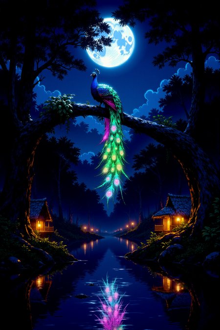 <lora:DGLO_style_v.7:0.75> DGLO style.  Under the glow of a full, radiant moon, a majestic peacock perches on an ancient tree branch, its feathers glowing in mesmerizing neon hues of electric blue, vibrant green, and magenta. Each featherâs eye-like pattern pulses with energy, casting soft ripples of light that illuminate the surrounding foliage. The serene river below mirrors the glowing peacock, creating a kaleidoscope of shifting neon colors on its surface. The dense trees of the forest are cloaked in shadows, but their silhouettes are faintly outlined by the radiant light emanating from the bird. The distant huts, illuminated by the warm golden glow of lanterns, contrast beautifully with the cool neon brilliance of the peacock, blending tranquility with mystery. Camera angle: slightly from below, highlighting the feathers cascading down like a waterfall of light.