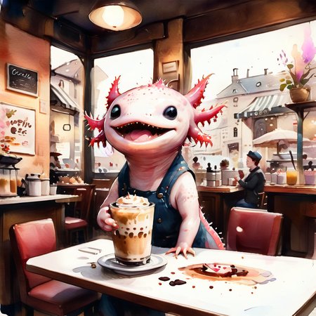 (watercolor style) axomodelxl, axolotl in a bustling cafÃ©, making coffee, warm and inviting atmosphere