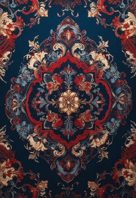 photo of a paisley pattern, official art, aesthetic, dynamic angle, hyper detailed, order and chaos, dark colors, (extremely detailed, intricate details, masterpiece, best quality, 8k wallpaper:1.4), dramatic lighting, (dark blue and madder red palette:1.2), boteh, paisley, navy blue, madder red, almond