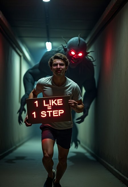 A young man, dressed in casual clothing, running frantically through a dark, narrow tunnel. The tunnel is dimly lit with flickering lights, casting eerie shadows on the walls. Behind him, a large, terrifying monster with glowing red eyes and sharp claws is chasing him. The young man is holding a sign in one hand that reads '1 Like = 1 Step' in bold, glowing letters. The scene is intense and full of motion, with the man's expression showing fear and desperation